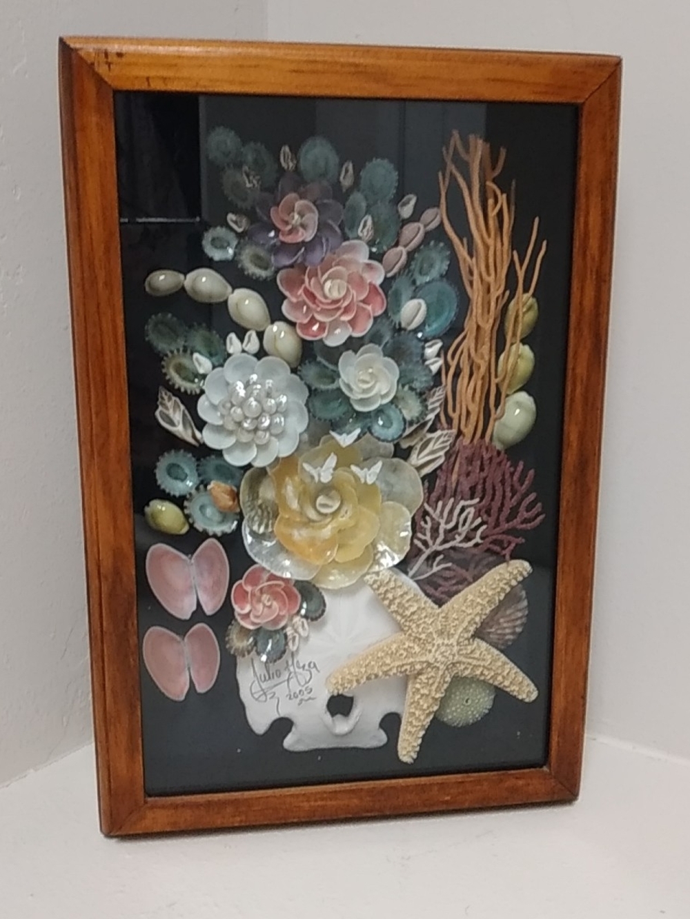 Vintage Julio Meza Sea Shell, Starfish Framed Wall Art, Floral, Coastal, Beach